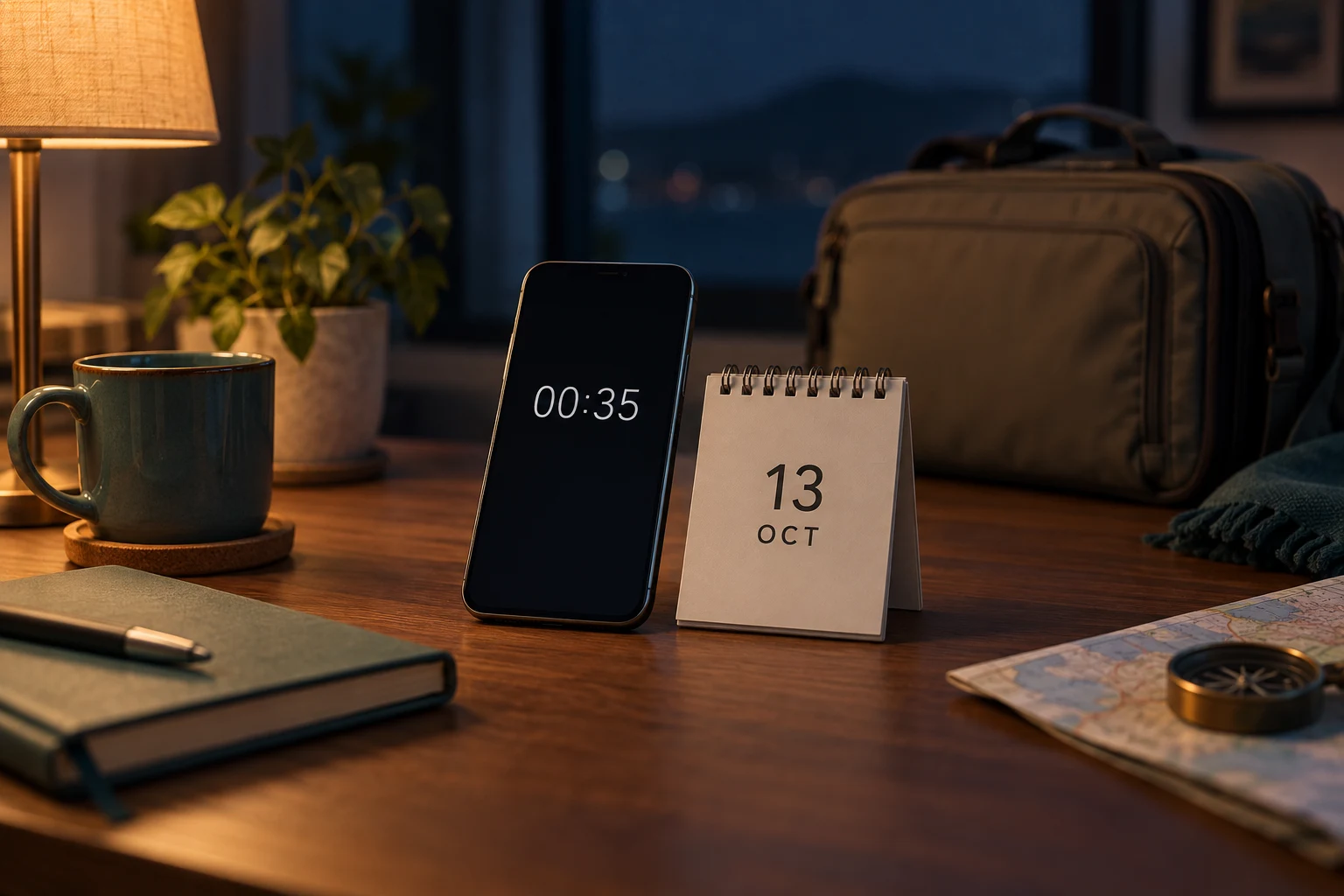 AI planning illustration of a phone showing 00:35 beside a 13 OCT desk calendar and a travel bag; hypothetical date, not a real flight.